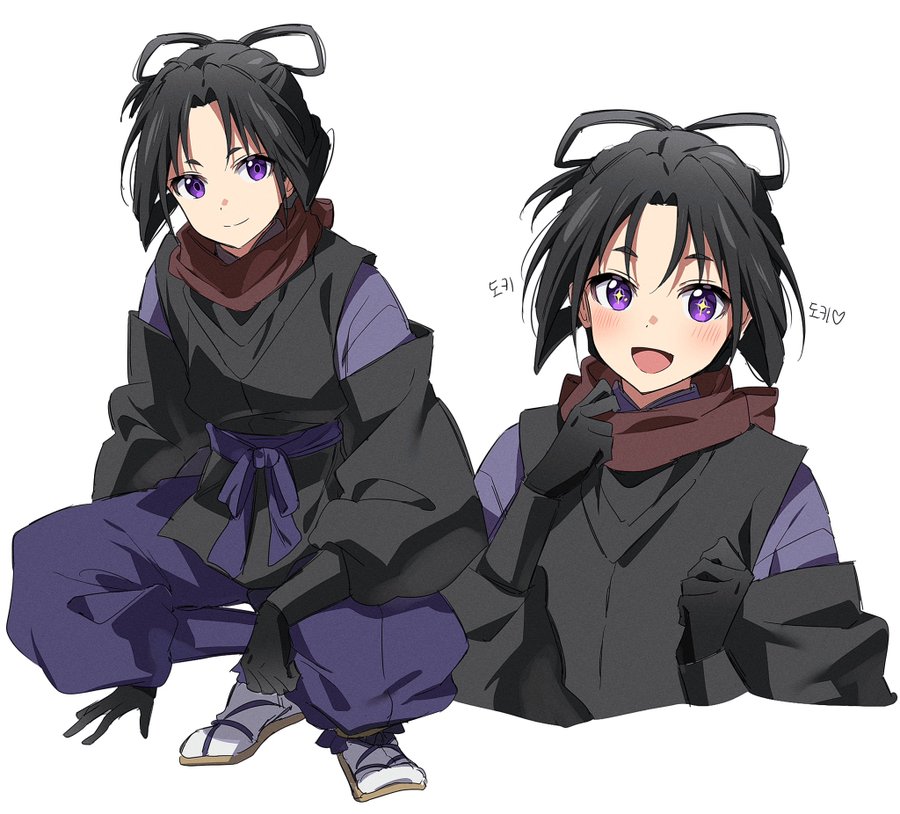 two poses of a female anime character with black hair tied back with a purple ribbon and purple eyes. she wears a black ninja outfit with a purple accent. the background is a white color.