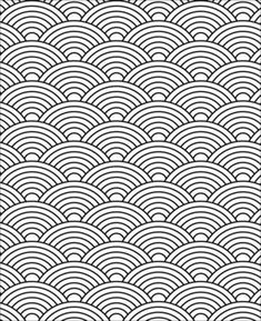 the image depicts a black and white seamless pattern of overlapping circles, creating a wavelike effect. this traditional japanese pattern, known as seigaiha, represents waves and is often used in textiles and decorative arts.