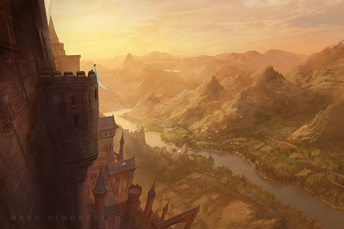 the painting shows a woman in a white dress standing on a balcony of a tall, intricate castle perched on a cliff. the castle overlooks a vast valley with a winding river, lush forests, and towering mountains in the distance. the sun is setting, casting a warm, golden glow over the entire scene. the overall atmosphere is peaceful and serene.