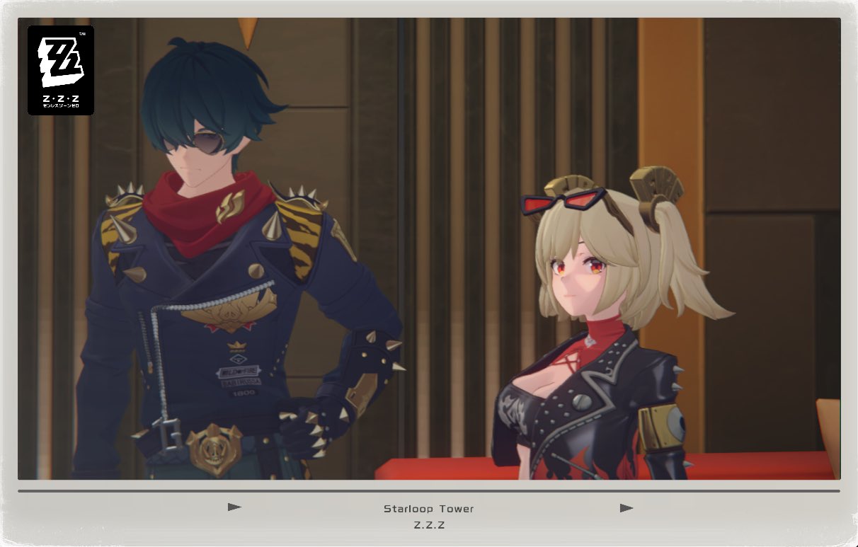 a screenshot from the video game zenless zone zero (zzz) featuring two animestyle characters. on the left is a male character with dark blue hair, wearing sunglasses, a red scarf, and a bikerstyle jacket with spikes and tiger stripe details. on the right is a female character with blond hair styled in pigtails with hornlike accessories, wearing red sunglasses and a similar spiked biker jacket with flame designs. the background suggests an interior location in starloop tower, with the game logo in the upper left corner and text indicating "starloop tower z.z.z" at the bottom.