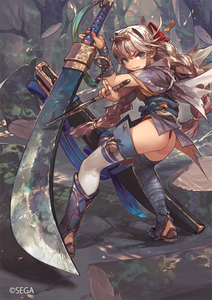 the image depicts a beautiful anime girl, with long white hair and blue eyes, holding a large curved sword. she is wearing a traditional japanese kimono, and the scene is set in a forest, adding to the fantasy element. the girl is in a powerful and dynamic pose, highlighting her fierceness and confidence, and her sword is pointed directly at the viewer, suggesting action and movement. the artwork is visually stunning, with vibrant colors and dynamic composition.