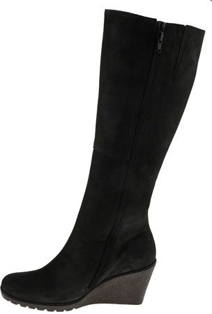 a kneehigh black suede boot with a wedge heel and a zipper closure on the side.