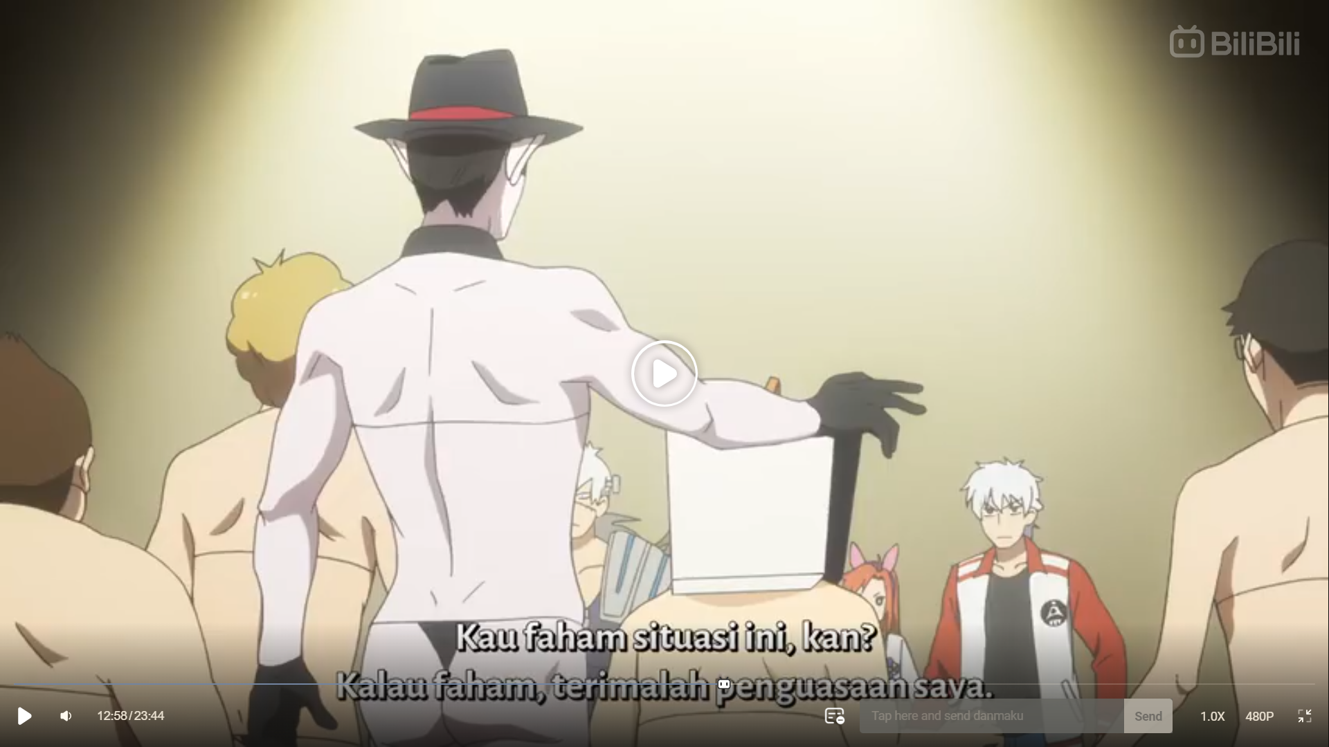 the screenshot shows a scene from an anime with a group of men in a locker room. one man with dark hair and a hat stands with his back to the camera, addressing the others. the scene suggests a tense confrontation or power dynamic.```