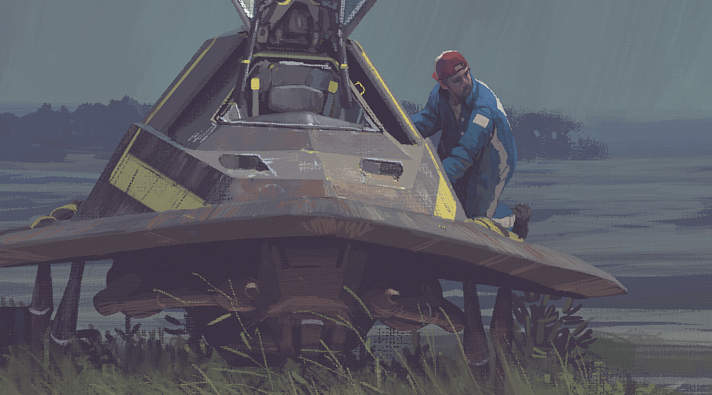 a man in a red cap and blue jacket, with a helmet sitting on his head, stands next to a futuristic vehicle, likely a spaceship or aircraft, in a foggy or hazy environment. the vehicle appears to be made of metal and has yellow accents. the man and the vehicle are the focal points of the image, and the background is a blurred and indistinct field of grass. the image is painted in a digital style and conveys a sense of wonder and the unknown.