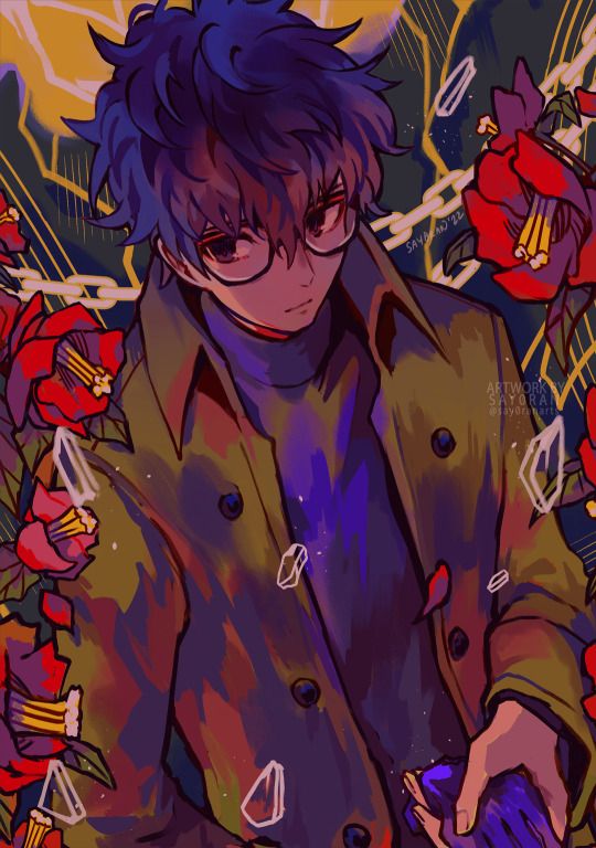 this is a digital fanart of joker from persona 5. the artwork is done in a vibrant, painterly style with bold colors and expressive brushstrokes. joker is depicted in a dramatic pose, wearing his signature green coat and glasses, surrounded by camellias and sparkling crystals. the overall mood is dark and mysterious, suggesting a magical or supernatural element. the artist's signature, "sayora" and "@sayorart," is visible in the image.