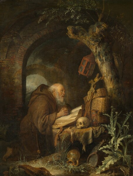 the painting shows an old monk kneeling in prayer before an open book and skull. the scene is set in a cavelike structure with a tree growing nearby. the monk is dressed in a brown robe and has a rosary hanging from his waist. beside the skull, there are a few baskets. other skeletal remains are strewn about the landscape. a lantern hangs from a branch above. the lighting is dim, creating a sense of mystery and contemplation.