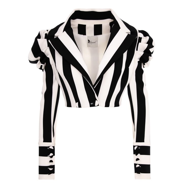 a cropped women's jacket with black and white vertical stripes is displayed against a white background. the jacket has a vneckline, long puff sleeves, and a buttoned closure.