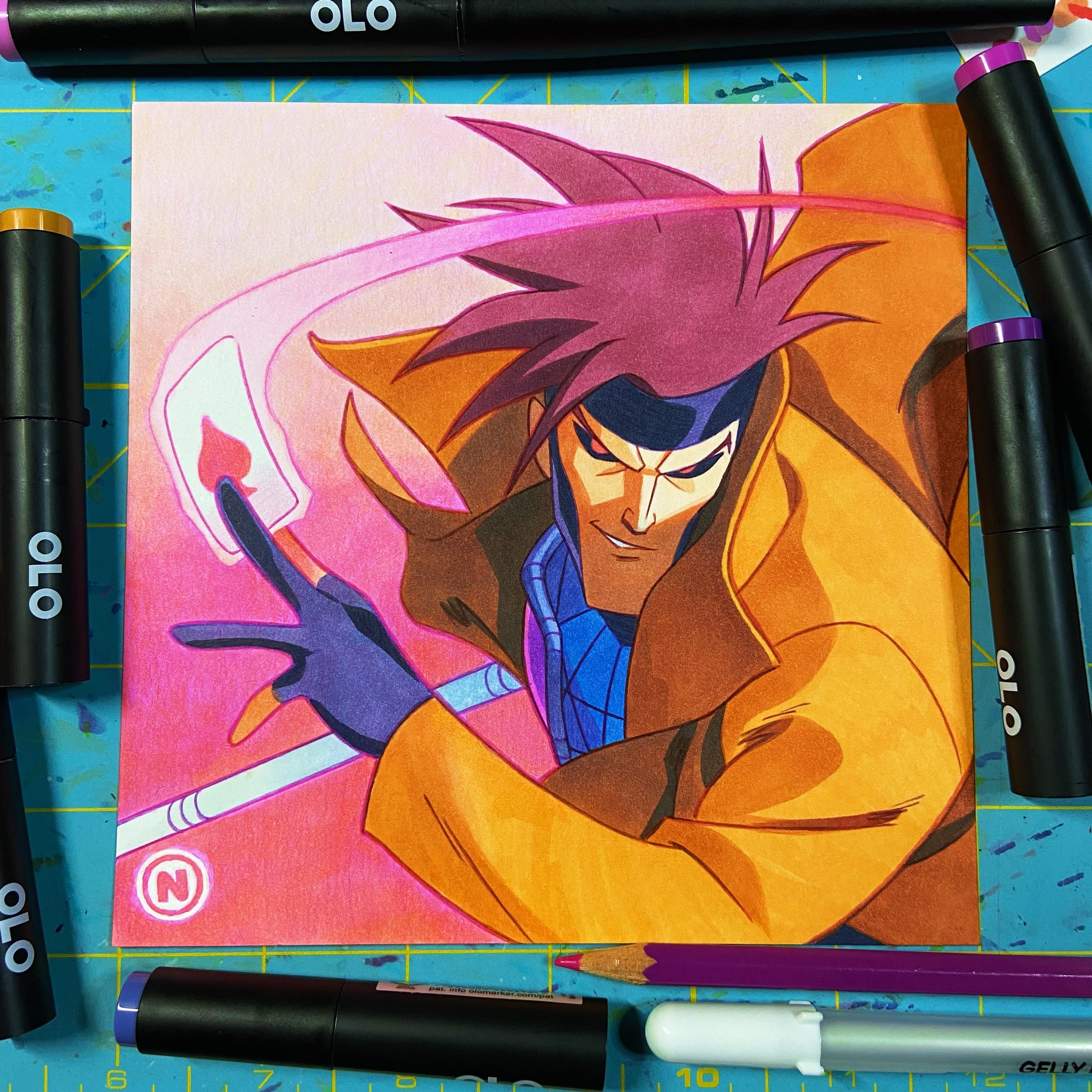 a vibrant illustration of gambit from the xmen comic book series. the artwork features a closeup portrait of gambit with his signature red and yellow costume, holding a card in his hand as if he is about to throw it at the viewer. his face is focused and determined, with a hint of mischief in his eyes. the colors in the drawing are bold and saturated, and the lines are dynamic and energetic. the background of the image is a light pink with a hint of orange, which provides a contrasting backdrop for gambit's colorful costume. overall, the image is a visually stunning and engaging portrayal of one of the most beloved xmen characters.