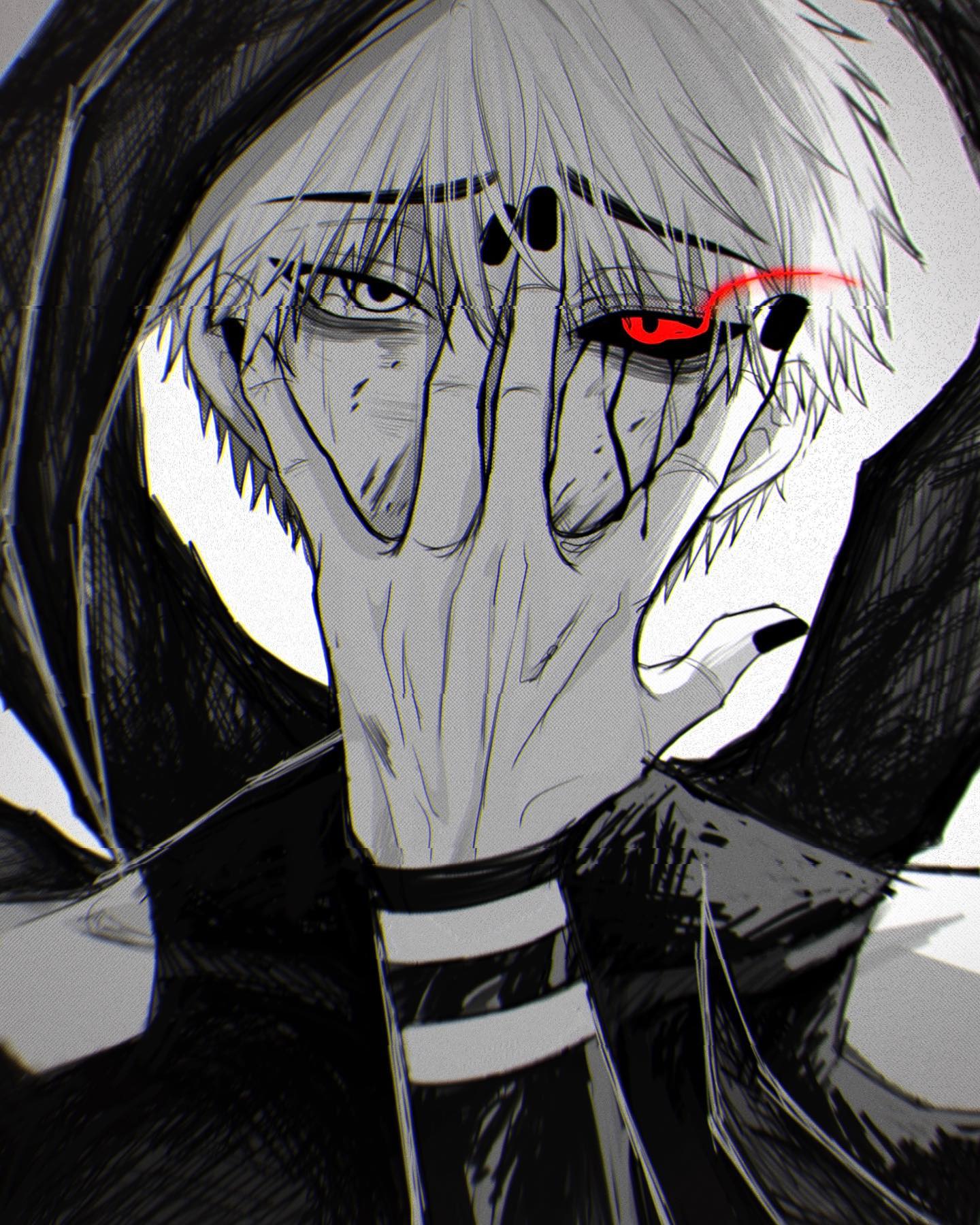 the image is a stylized monochrome drawing or digital painting of an animestyle character. the character has pale skin, spiky white hair partially obscured by a dark hood, and one visible eye glowing bright red.  the character's hand is raised, partially obscuring their face, giving a sense of mystery and unease. the overall style is dark, edgy, and dramatic, with strong contrasts in light and shadow. the art is detailed, showing textural elements like wrinkles on the skin and the texture of the clothing. the red eye stands out sharply against the grayscale palette, drawing attention to the character's intensity. the pose and overall aesthetic evoke a feeling of brooding intensity and secrecy.