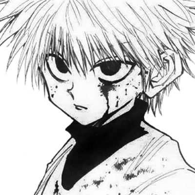 the image is a closeup, black and white drawing of killua zoldyck from the anime and manga series hunter x hunter.  he appears to be a young boy with spiky white hair, intense dark eyes, and visible injuries including blood and scratches on his face.  his expression is serious and possibly pained. the style is consistent with the original manga artwork, featuring detailed linework and shading to convey texture and emotion.  the background is plain, focusing attention solely on killua.