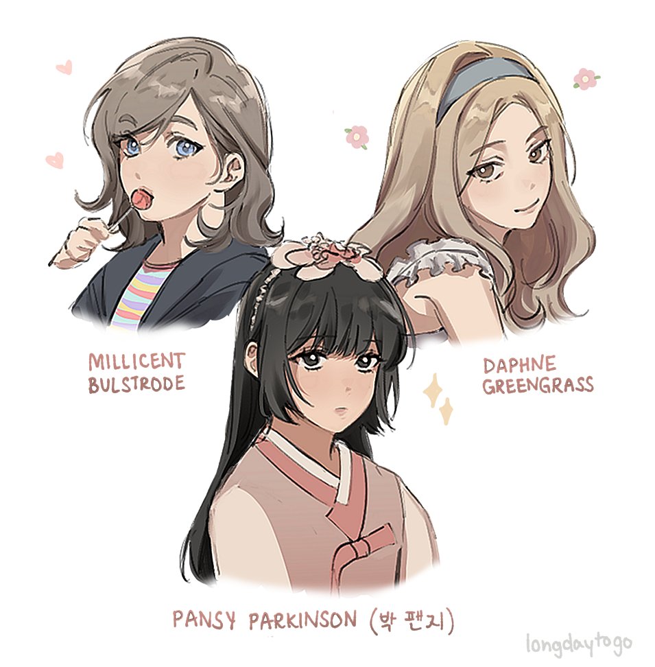 this digital drawing features three female characters from the harry potter series: millicent bulstrode, daphne greengrass, and pansy parkinson. each character is depicted in a distinct style, with pansy parkinson shown in a traditional korean hanbok.  the art style is soft and slightly animeinfluenced. the image is clean and aesthetically pleasing, with light pastel colors and delicate details.  each character is labelled with their name.  the artist's signature "longdaytogo" is visible in the lower right corner.