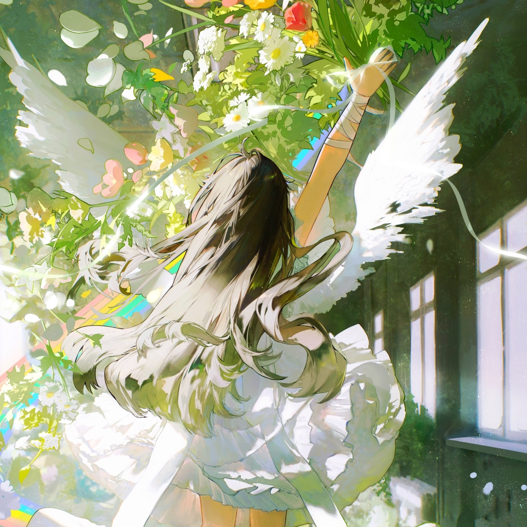 an anime girl, depicted with angel wings, reaches up towards a vibrant hanging bouquet of flowers. sunlight streams through the windows of the room, illuminating the scene and casting a rainbow across the image.  her long, flowing hair cascades down her back, adding to the ethereal and whimsical atmosphere.  the overall feeling is one of serenity, purity, and magic.