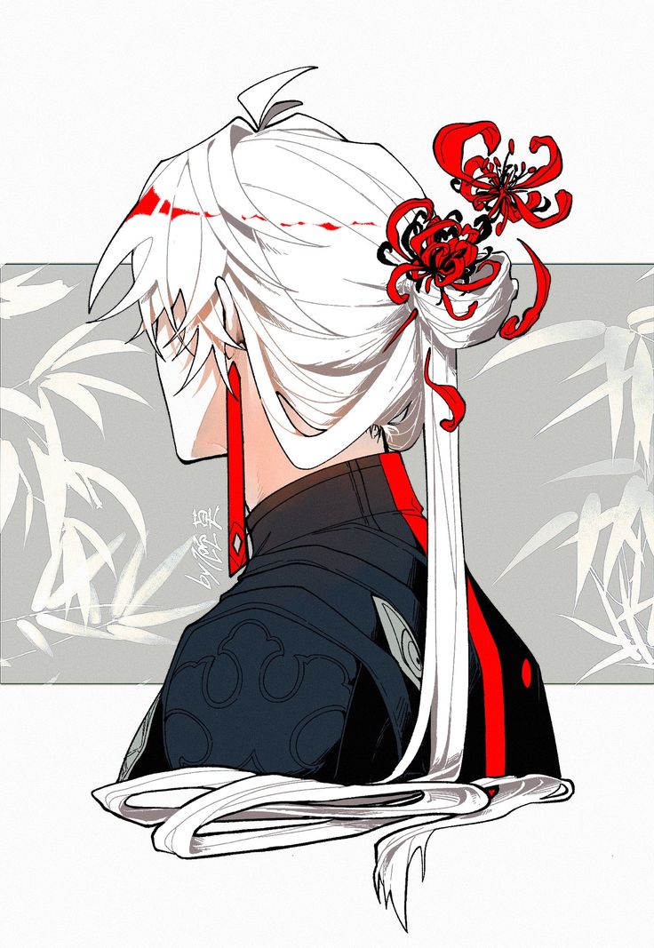 an animestyle illustration shows a character with white hair styled into a high bun, decorated with red spider lilylike flowers. the character is depicted in a side profile, facing away from the viewer. they are wearing dark clothing with red accents. the background features a pattern of bamboo shoots in muted tones. the overall style is reminiscent of traditional japanese art with a modern anime twist.