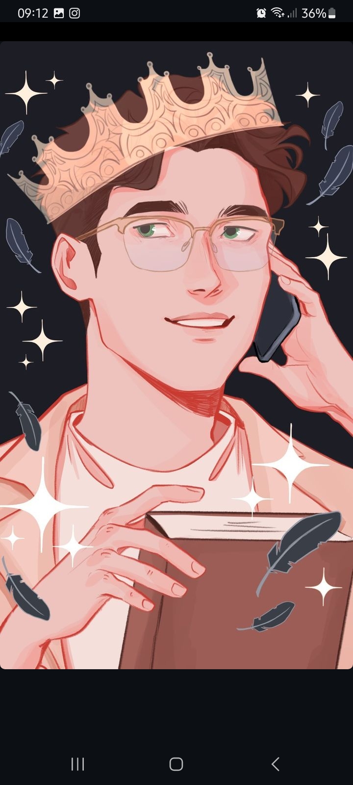 a digital illustration shows a young man from the shoulders up in front of a black background. the subject is drawn in a cartoon style, with stylized proportions and features, and rendered in a warm color palette. he has brown hair, brown eyes, and is wearing round, thinframed glasses. he is wearing a white collared shirt under a pale tan jacket.  in his right hand, he is holding up a smartphone to his ear, while his left hand rests atop a thick, dark book. atop his head is a gold crown with stylized points and filigree. surrounding the subject are stylized white sparkles and floating black feathers.