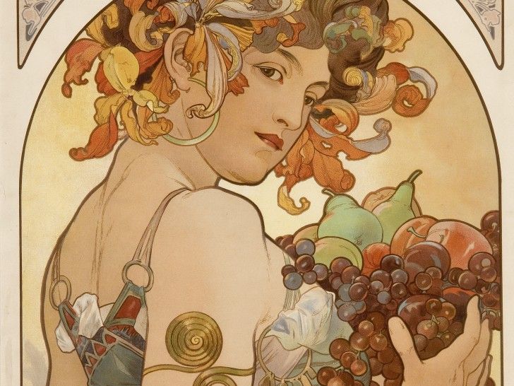 the image is a cropped section of an art nouveau painting, reminiscent of alphonse mucha's work. it depicts a woman from the shoulders up, looking over her shoulder with a serene expression. she has flowers in her hair and wears a large hoop earring. she holds a bounty of fruit in her hands, including grapes, pears, and apples. decorative spiral designs adorn her shoulder area, and she is wearing shoulder straps with ornate detailing. the overall style is that of a classical illustration.
