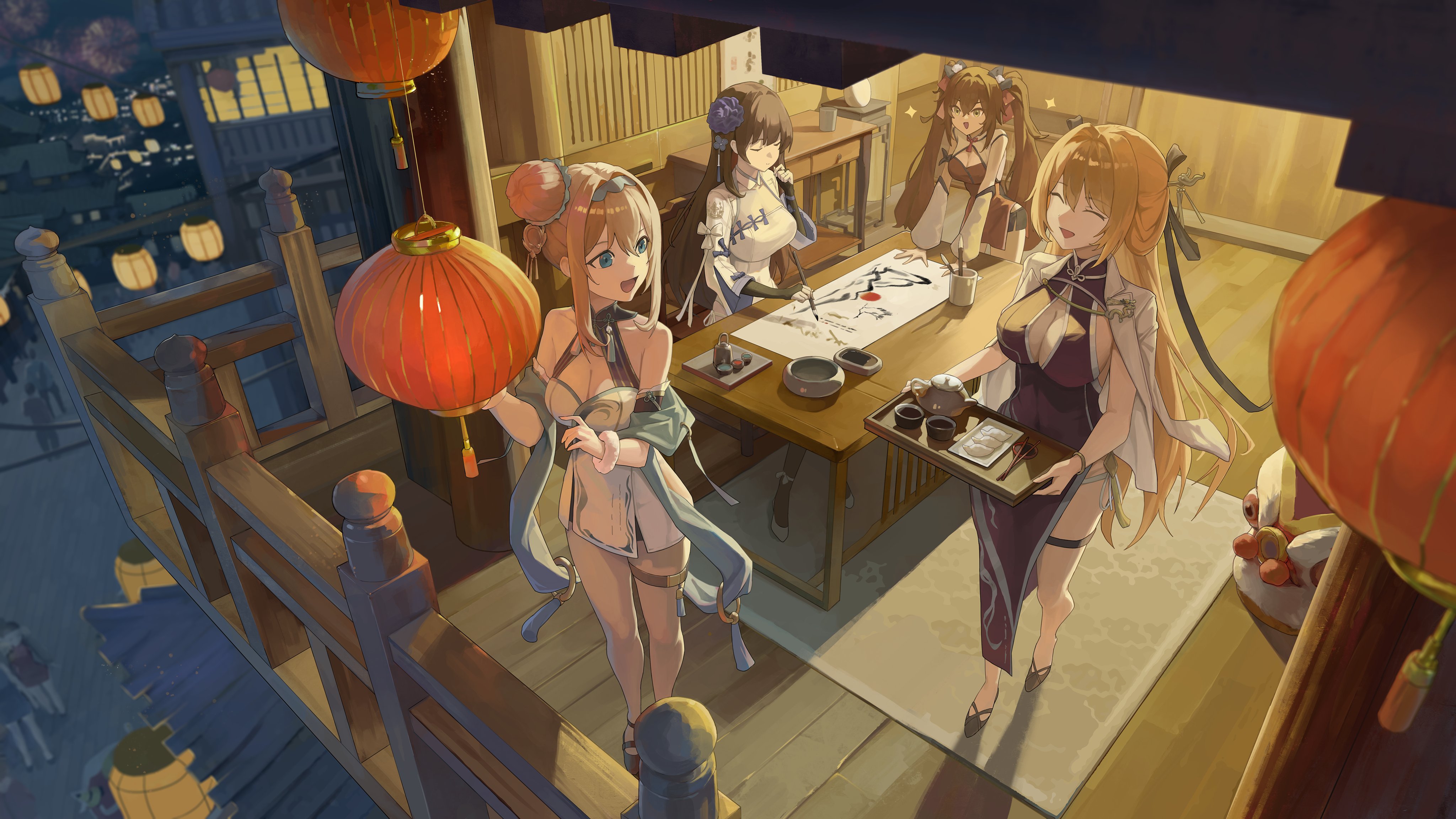 the image depicts a scene with anime girls in traditional east asian clothing. two girls are on a balcony, one holding a lantern and the other carrying a tray with a tea set. inside, another girl is writing calligraphy, and a fourth is sitting nearby. lanterns decorate the background, creating a festive atmosphere.
