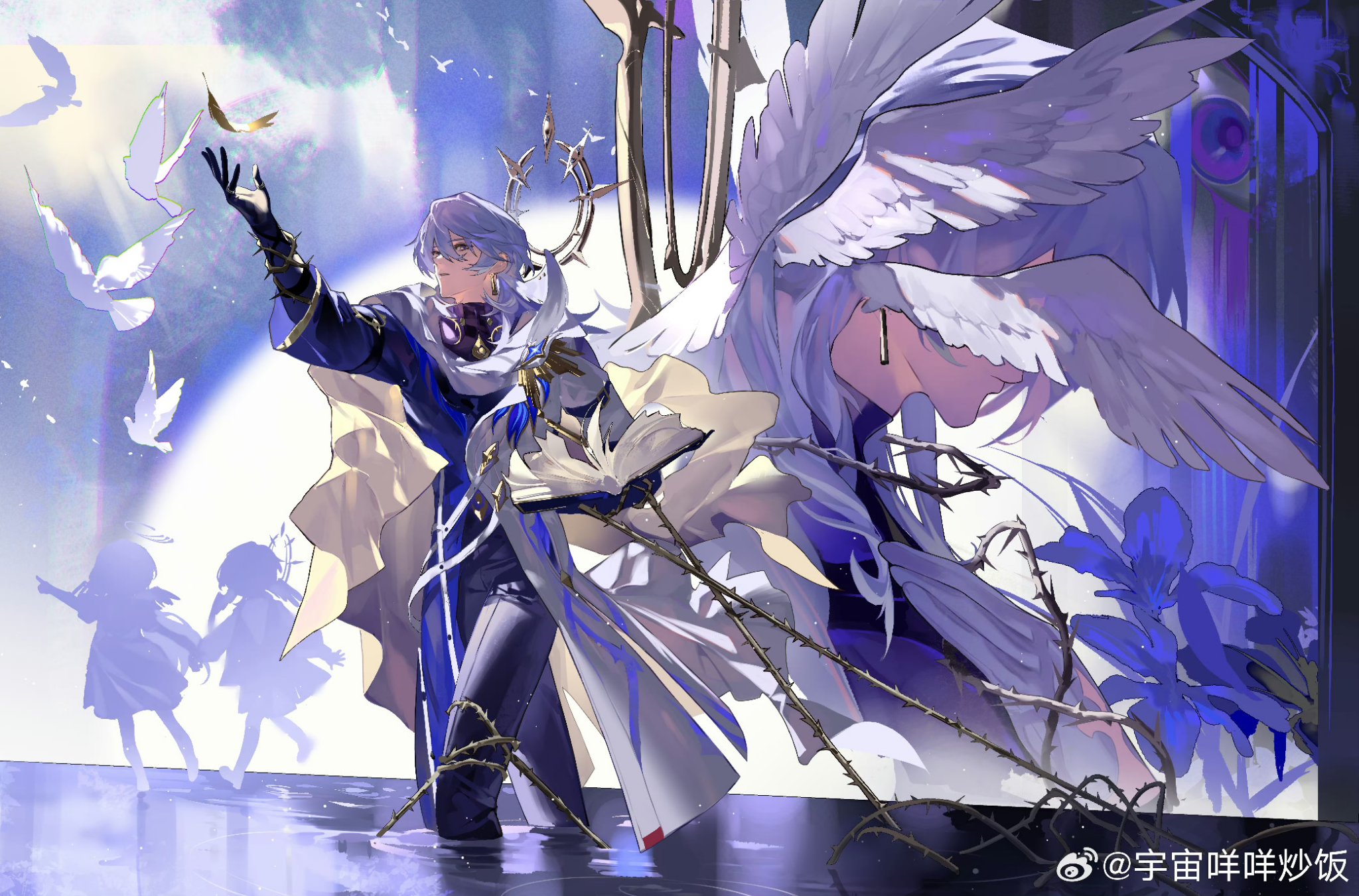the artwork depicts a male anime character with long, flowing white hair and a graceful pose. he is dressed in elaborate blue and cream clothing, suggestive of a priest or angel.  large, white angel wings are prominently featured, partially obscuring another figure with similar hair and pale skin.  the central character appears to be releasing white doves, creating a peaceful yet melancholic atmosphere.  thorns and vines intertwine with the figures, adding a layer of complexity and hinting at a struggle or sacrifice. the scene is set against a backdrop of soft blues and purples, with the character partially submerged in reflective water.  in the background, faint, shadowy figures resemble children. the overall aesthetic blends light and dark elements, suggesting a balance between hope and despair.
