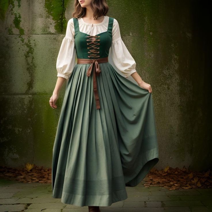 a young woman in a medievalstyle green dress stands outdoors. she is posing slightly, holding out her skirt with her left hand. the dress is green with a lacedup bodice, a brown belt, and a full skirt. she is also wearing a white blouse with puffy sleeves underneath. she has shoulderlength brown hair. the background is a mossy stone wall and forest floor. the lighting is soft and natural, giving the image a warm and inviting feel.