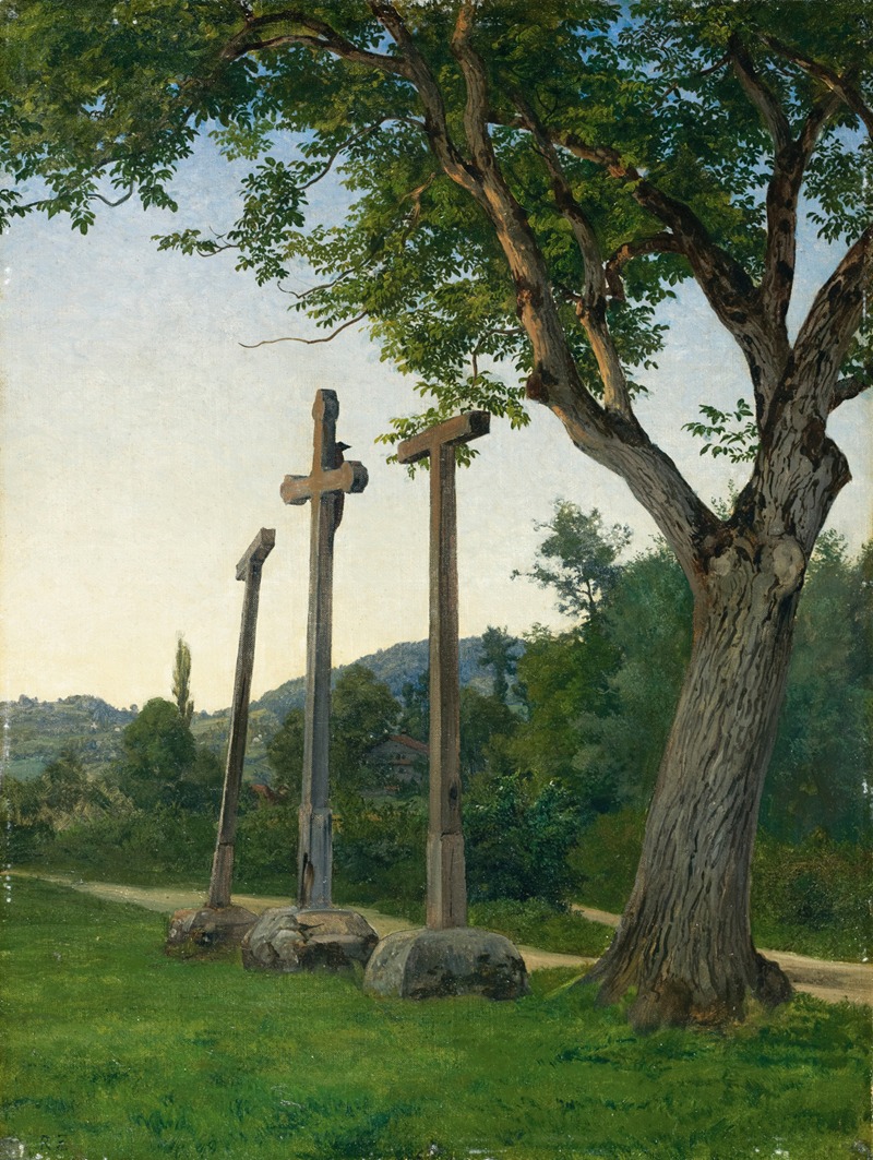the image is a painting depicting a serene landscape with three wooden crosses standing in a grassy field. a large tree with lush green foliage dominates the right side of the frame, its trunk and branches adding texture and depth to the scene. in the background, a gentle hill and a soft, light blue sky create a sense of tranquility. the wooden crosses are the focal point, evoking a sense of spirituality and religious significance. a path meanders through the grass, leading the viewer's eye into the distance, suggesting a journey or pilgrimage. the overall composition exudes a peaceful and contemplative atmosphere.