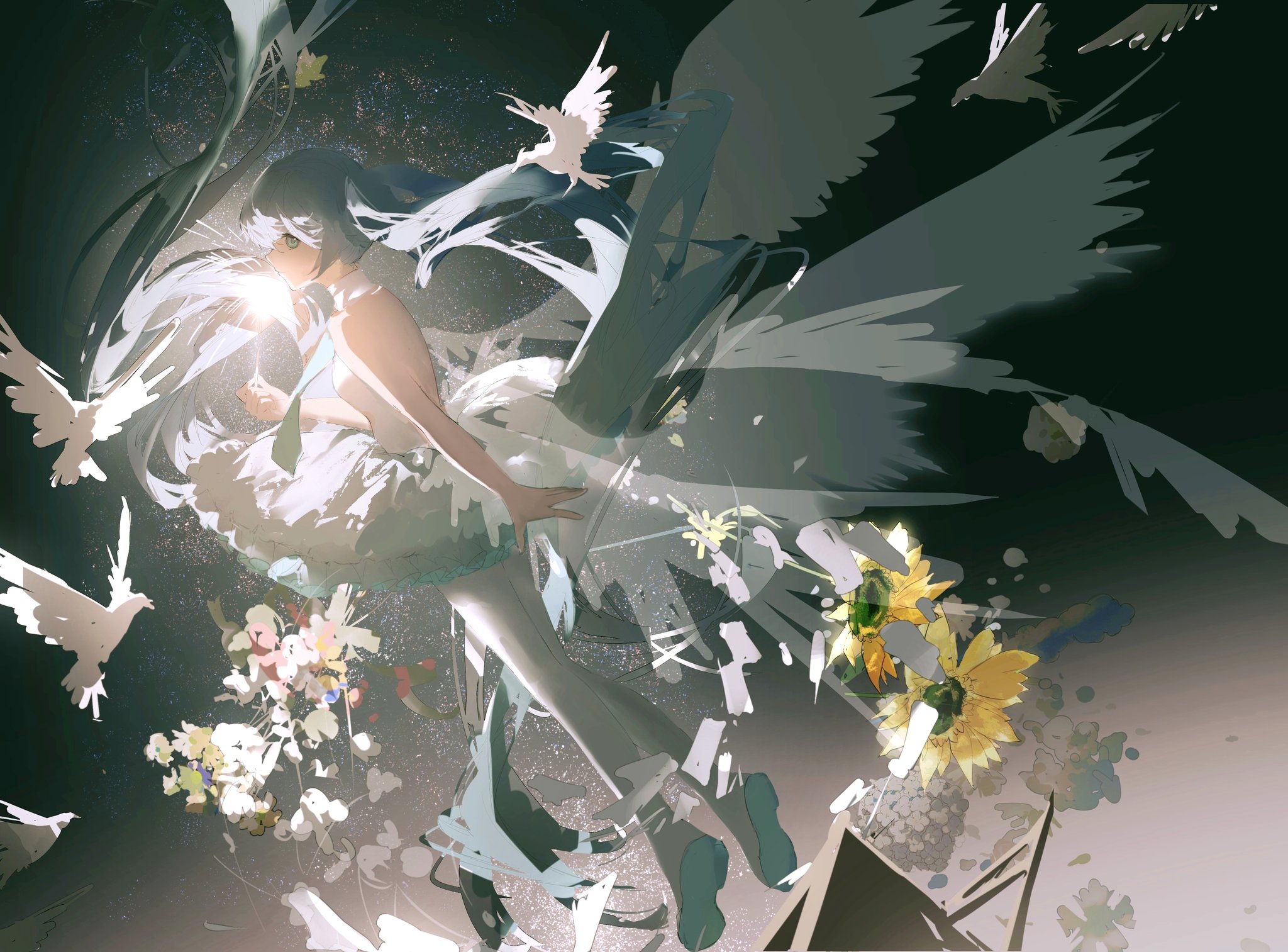 the image is a digital painting or illustration of an anime girl with long, flowing white hair and a white dress.  she appears to have large, translucent wings made of feathers or light.  doves or similar white birds surround her, adding to the ethereal atmosphere.  the background is abstract, with splashes of color and texture suggesting motion and light.  sunflowers and other flowers are scattered around her, creating a vibrant contrast to the predominantly white and grey palette. the overall style is dynamic and painterly, with a focus on creating a dreamy, almost otherworldly effect. the girl's expression is serene and her pose is graceful.