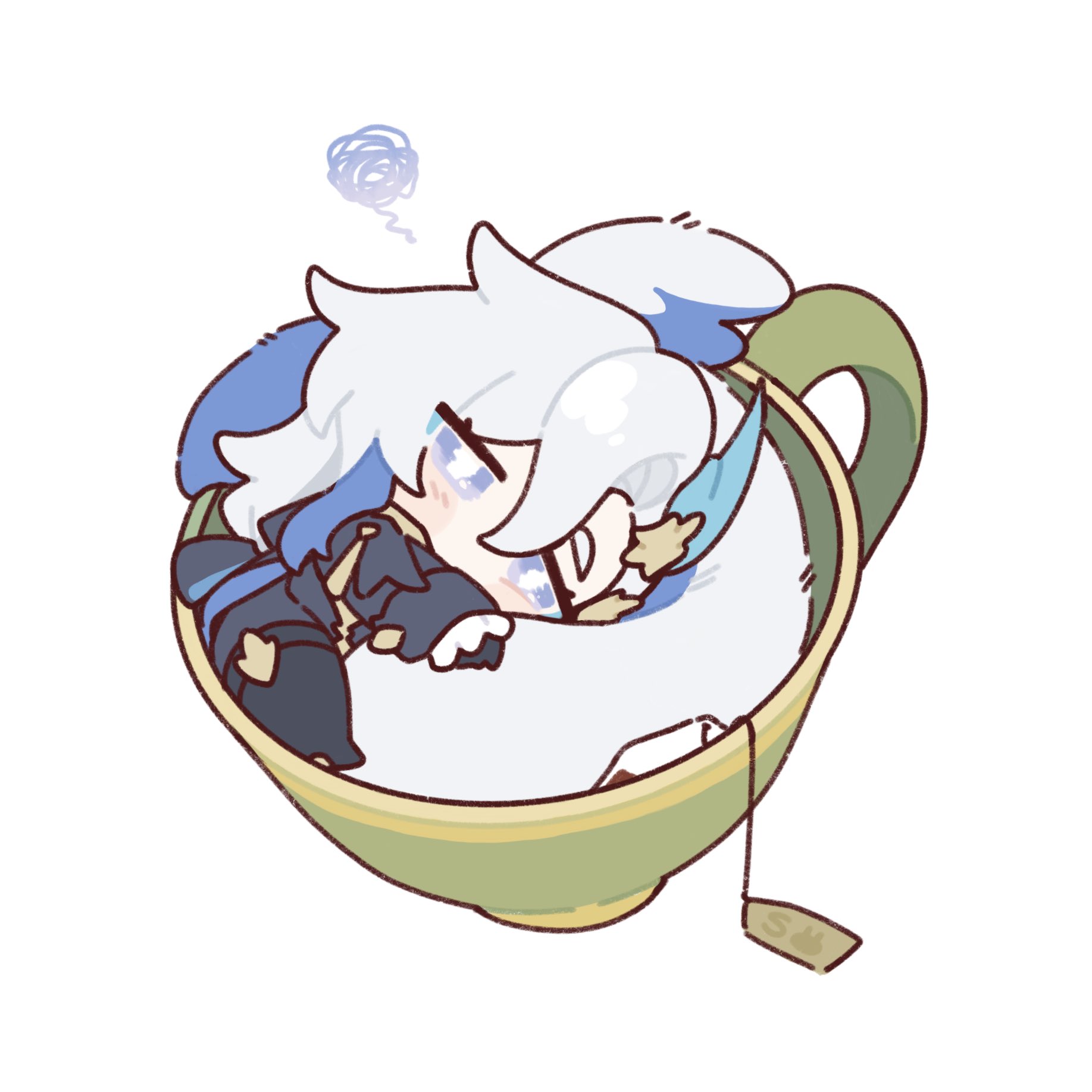 the image is a cute chibistyle illustration of two animestyle characters, possibly ayaka and ayato from genshin impact, snuggled together inside a large teacup.  one is predominantly whitehaired while the other has blue accents. they appear sleepy or relaxed.  a tea bag hangs from the cup. the art style is soft, with pastel colors and rounded lines. the overall mood is peaceful and heartwarming.
