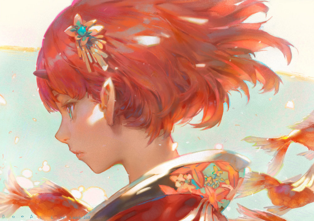 the image is a digital painting of an animestyle girl with short, vibrant red hair. she has elflike ears and is wearing a kimono adorned with floral patterns. her hair is styled in a way that suggests a gentle breeze.  goldfish swim around her, adding to the ethereal and dreamy atmosphere of the piece. the art style is reminiscent of watercolor, with soft colors and a focus on light and shadow to create a sense of depth and movement. the overall mood is peaceful and elegant.