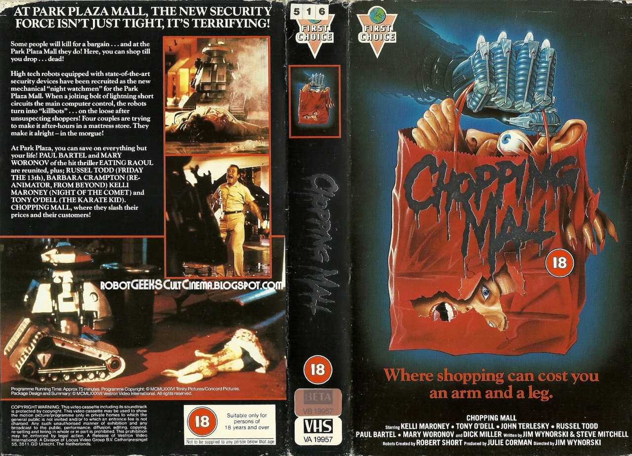 this is a scan of a vhs cover for the 1986 horror film "chopping mall."  the cover features artwork depicting a robotic arm grabbing a person inside a shopping bag, with blood and gore implied. the text includes the film's title, a tagline ("where shopping can cost you an arm and a leg."), a list of actors, and a brief synopsis of the plot.  the cover also displays the film's 18 certificate (indicating its mature content) and the "first choice video" logo, suggesting its release details and distribution.  the back of the cover provides further information about the film's plot and cast. the overall style is typical of 1980s horror movie marketing, employing bright colors and impactful imagery to attract viewers.