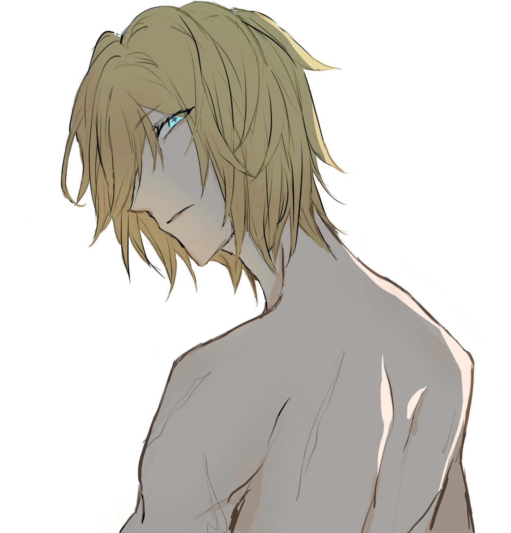 a digital art drawing of an animestyle character, a young man with blond hair and blue eyes looking away from the viewer. he is shirtless with his back towards the viewer. the drawing has a sketchy and unfinished look.