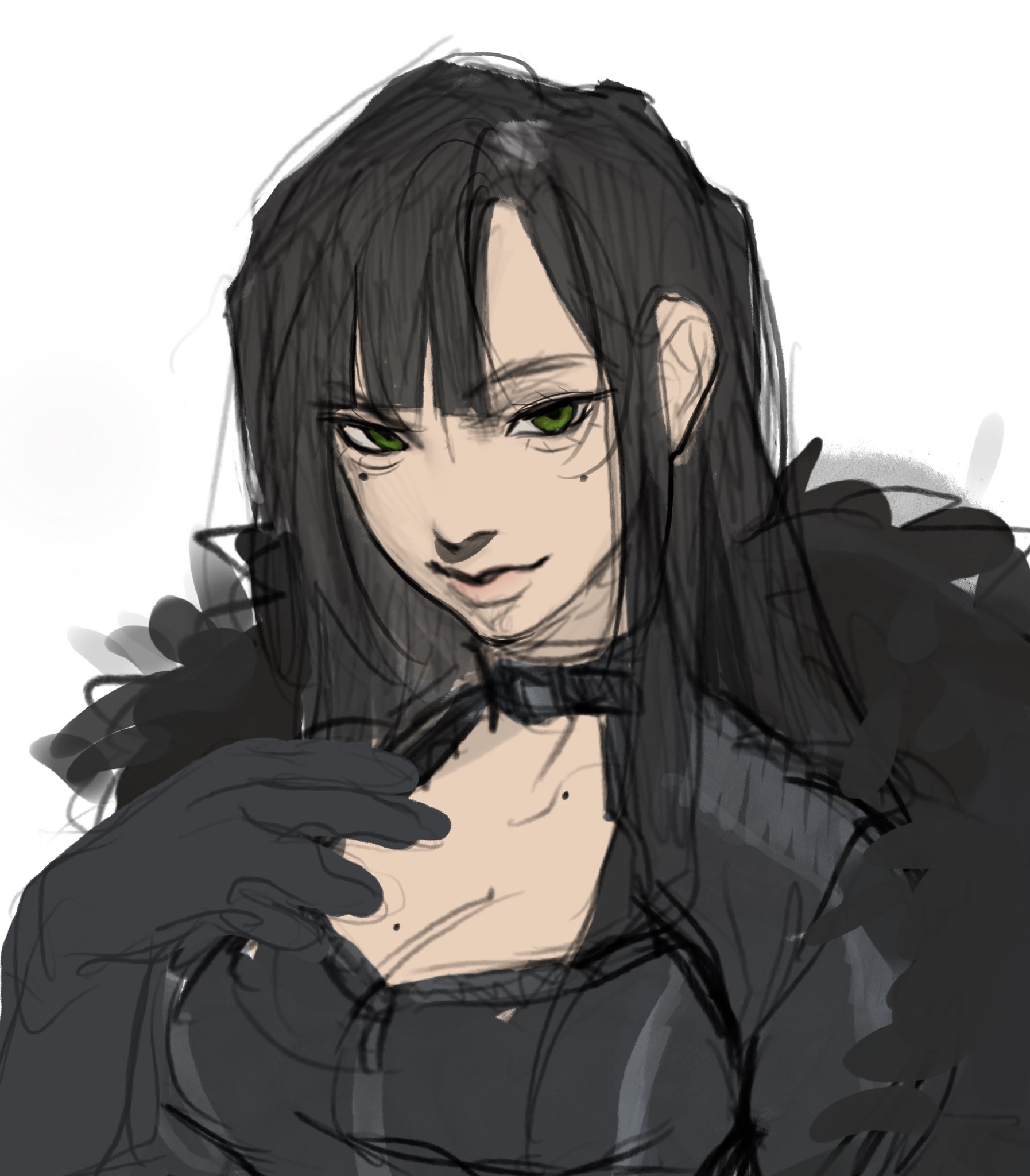 a stylized drawing of a woman with long black hair, green eyes, and a smirk. she is wearing a choker, gloves, and a feather boa. there is a mole on her cheek. the drawing is in a sketch style.