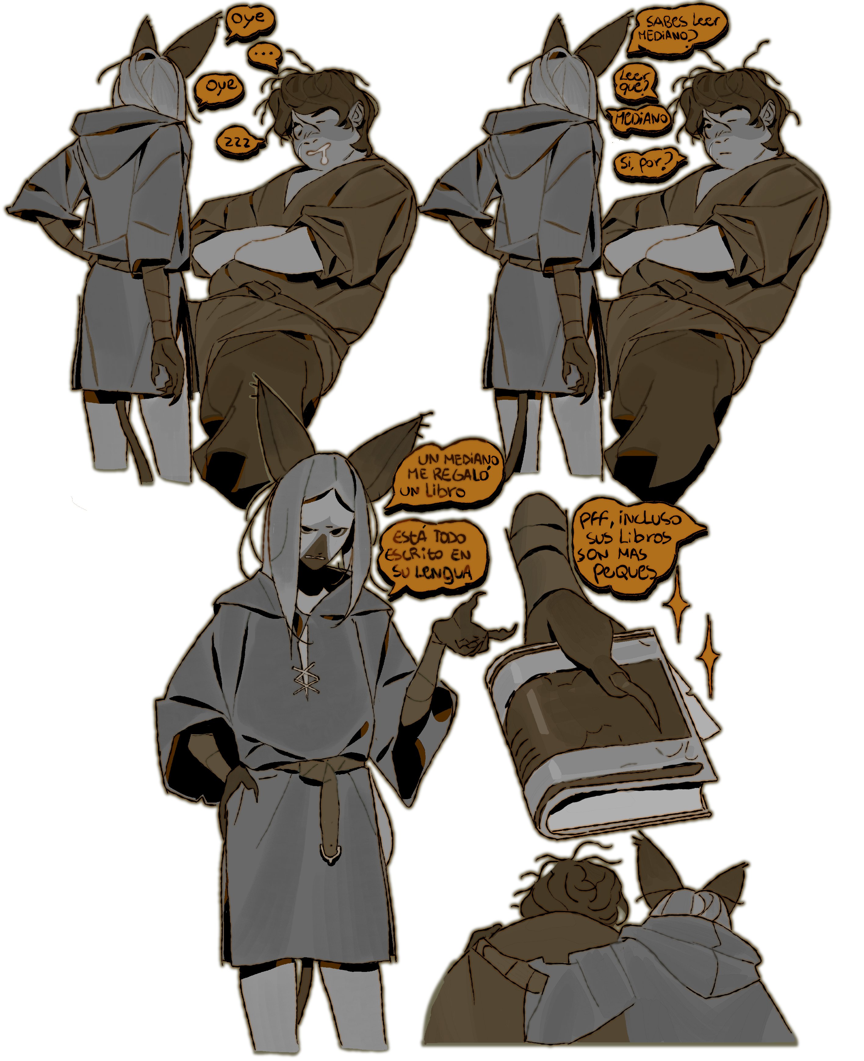 he image is a digital illustration or comic featuring anthropomorphic characters, possibly furries, engaged in a conversation.  the style is whimsical and slightly dark, with muted earth tones dominating the color palette. the scene depicts several moments: two characters, one seemingly gifting a book to the other; another character examining a book; and two additional figures in a tender embrace.  the characters are dressed in medievalstyle clothing and have animalistic features (pointed ears, tails).  speech bubbles contain text in spanish, hinting at a story involving a gift of a book written in a specific language, and commentary on the size of the books. the overall mood is warm, friendly and inquisitive.