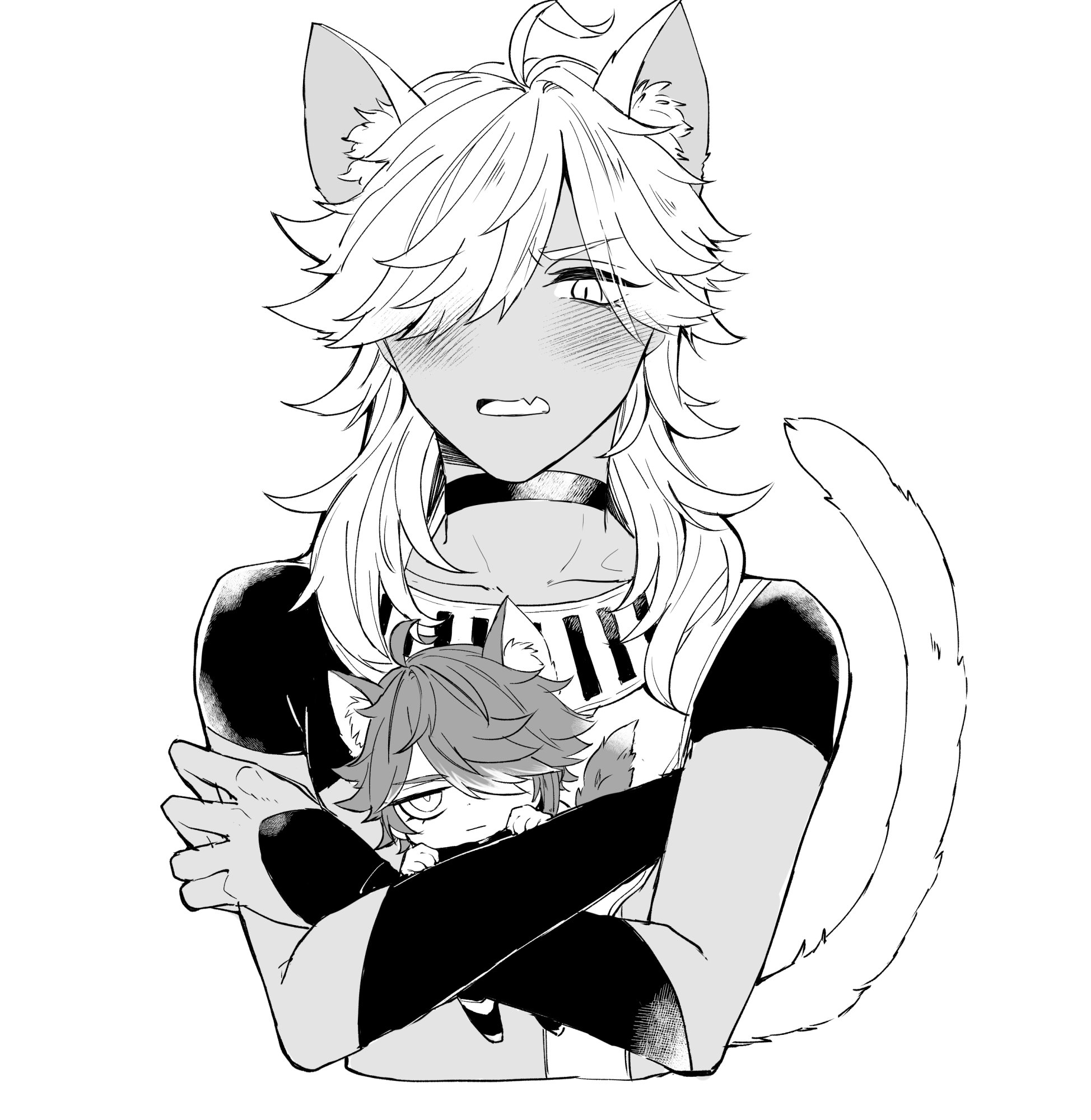 this is a monochrome illustration of two anime boys. the larger boy has cat ears and is holding a smaller boy with cat ears in his arms. the larger boy is blushing, and the smaller boy looks scared or surprised. the background is white.