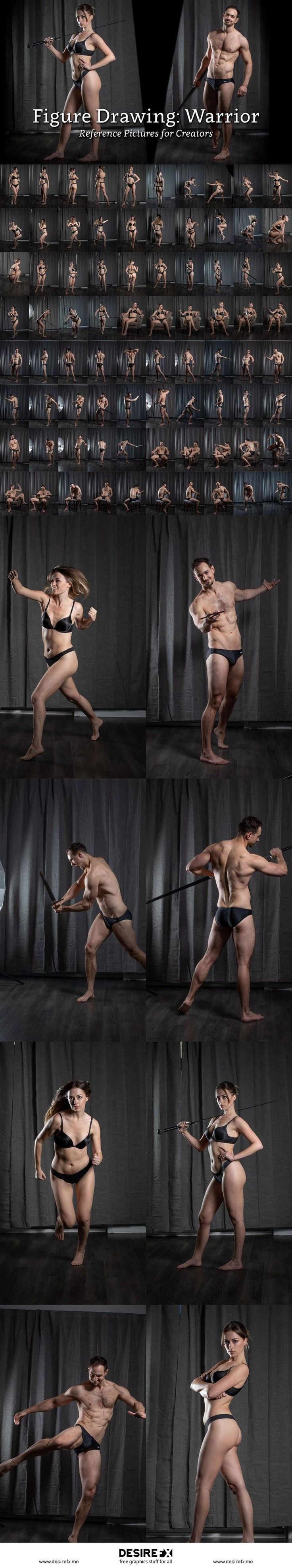 this image contains a grid of figure drawings, with a male and female model posing in different warrior poses, demonstrating dynamic action and anatomy.  it is a useful reference for artists and students who want to improve their figure drawing skills.