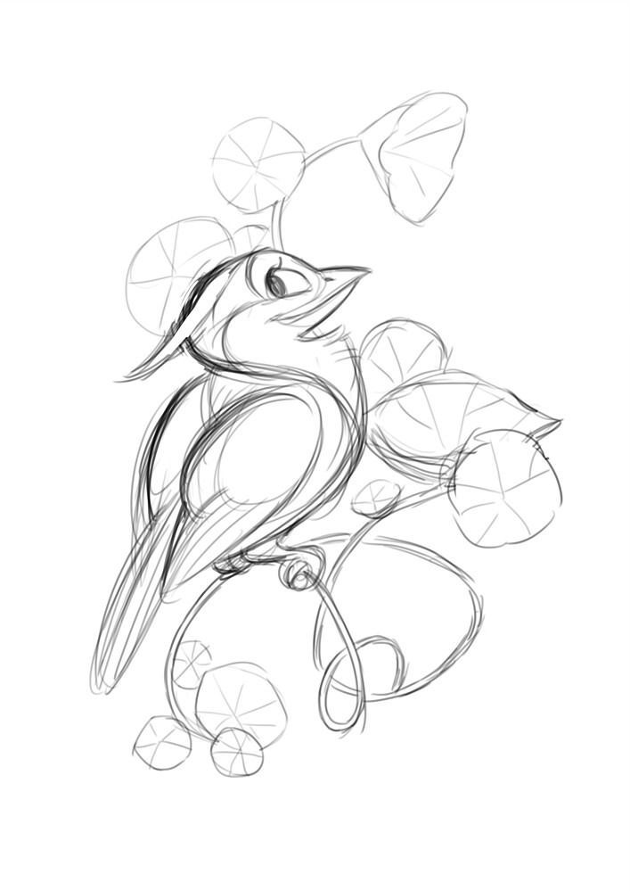 a sketch of a cartoon bird perched on a winding vine with leaves. the image is drawn in black and white line art. the style is whimsical and illustrative.