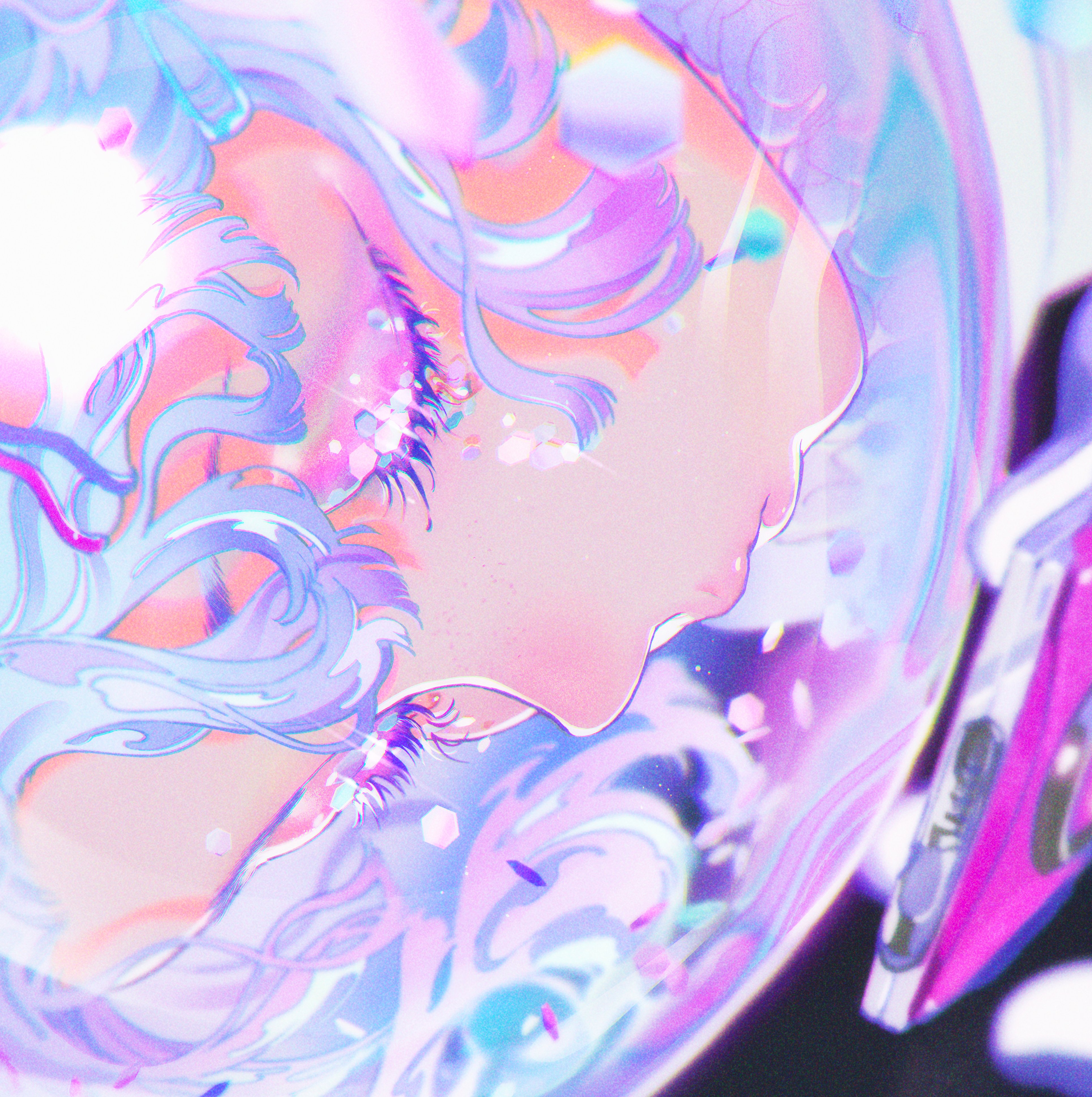 the image is a digital art piece of an anime girl in a space suit helmet. the image is a closeup shot of the helmet, and the girl's face is reflected in the glass. her eyes are closed, and she has a peaceful expression on her face. the art style is ethereal and dreamy, and the colors are soft and pastel. the reflection of the girl is distorted by the curve of the helmet.