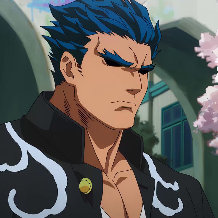 an anime character with blue hair and serious expression is looking down. he is wearing a black jacket with white trim. the character is standing in a colorful background with flowers in the corner.