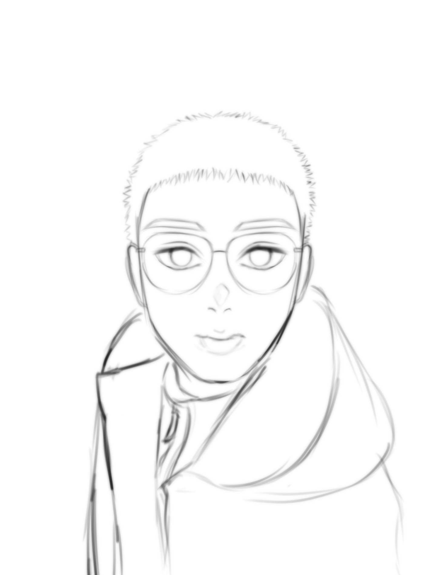 a grayscale sketch of a young man with short hair wearing glasses and a hooded jacket. the style is simple and slightly reminiscent of anime or manga.  the sketch is unfinished, with soft lines and shading. the focus is on the face and upper body.