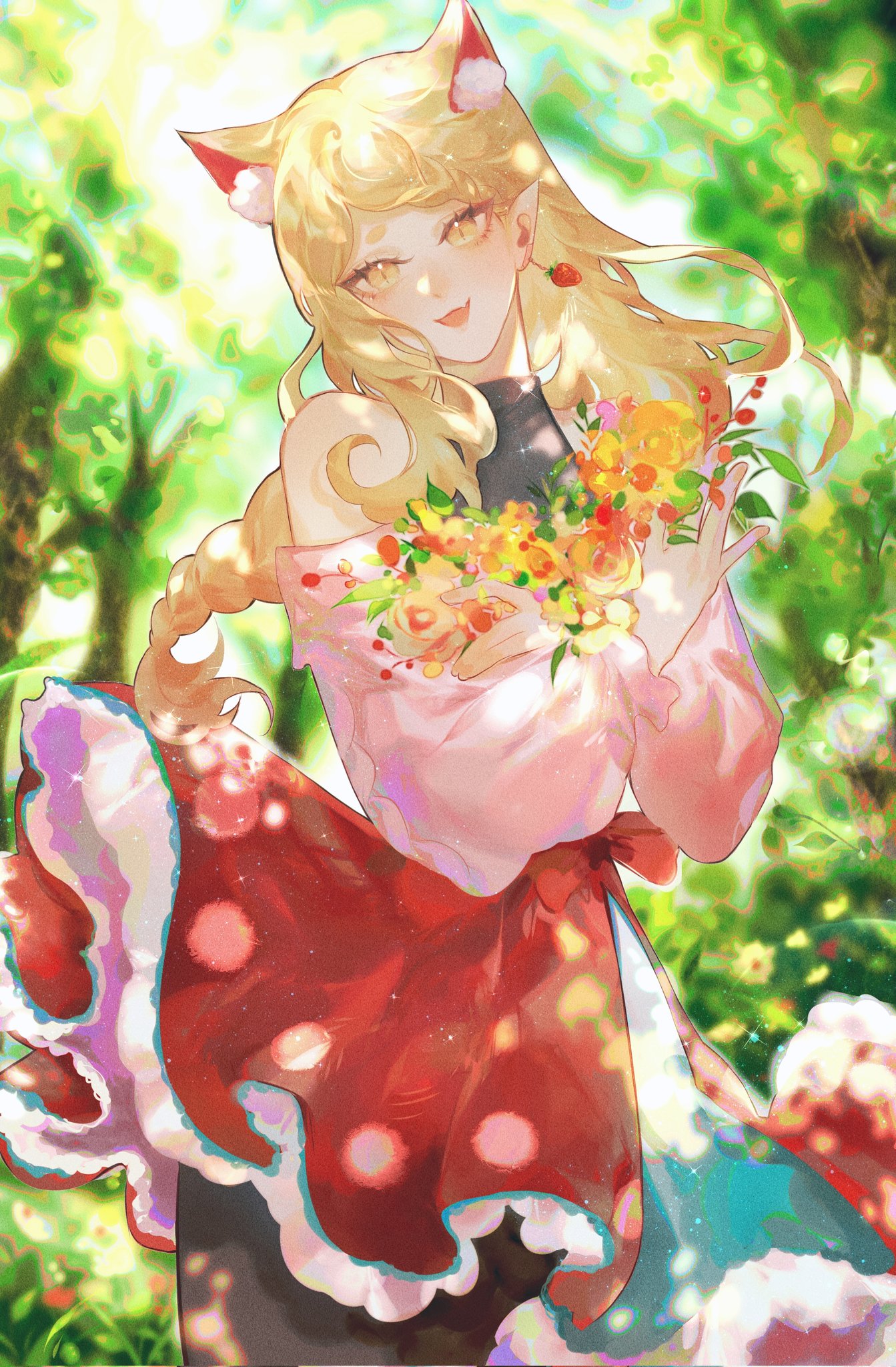 the image is a vibrant digital painting or illustration of an animestyle female character. she has long blonde hair with fox or cat ears and is wearing a red dress with pink accents and white lace trim.  she holds a colorful bouquet of flowers close to her body. the background is a lush, sunny forest scene with soft, blurred details. the overall style is whimsical and cheerful, with bright colors and a lighthearted mood.  the art has a painterly texture and the light plays nicely off the character's hair and clothing.