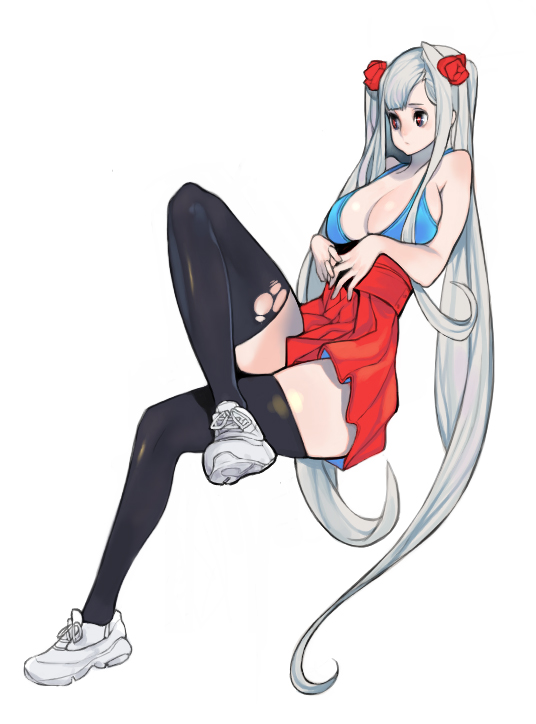 a drawing of a young woman with long white hair and red eyes. she is wearing a torn red skirt, blue bikini top, and black thigh highs with one ripped knee. she is floating with her knees pulled up to her chest.