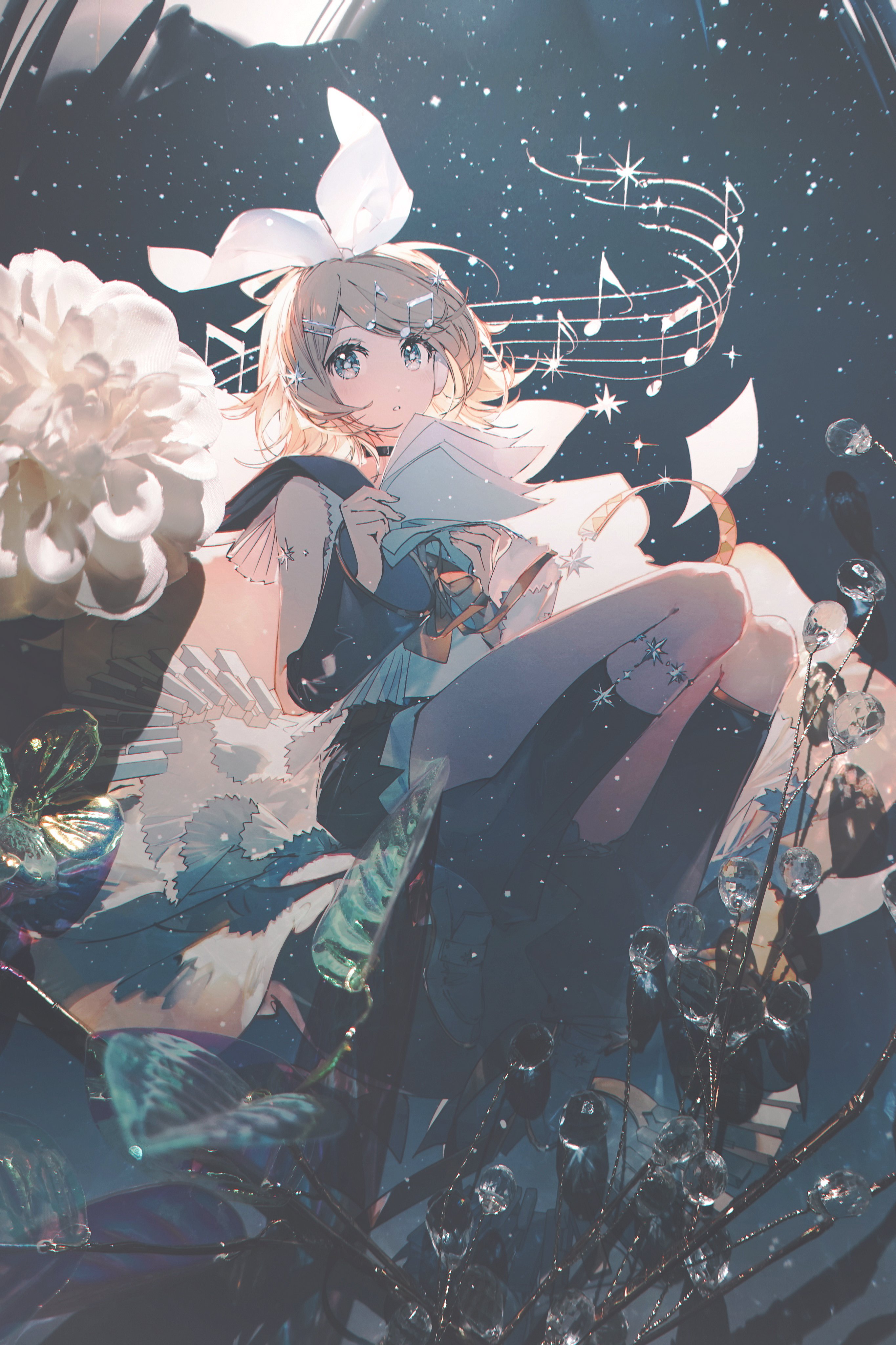 an animestyle illustration features a girl with short blonde hair and blue eyes. she has a large white ribbon in her hair and is sitting amidst flowers and crystals. music notes float in the air, suggesting a musical theme. the background is a dark night sky filled with stars. she is holding what appears to be sheet music or a book.