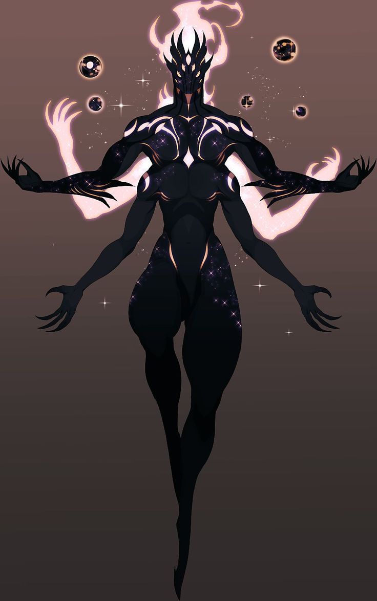 a cosmic being stands against a brown background, bathed in glowing light emanating from its head. it appears to have a humanoid form with four arms that are outstretched. the being is black with an outline of white light and has a cosmiclike pattern throughout its body. the arms are glowing a faint pink and have no hands.