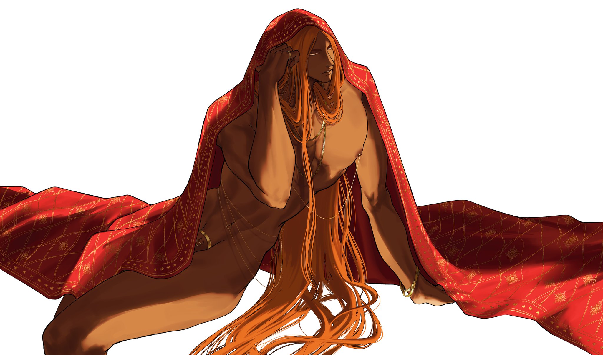 a man with long orange hair is lying down, partially draped in a red robe with gold embroidery. he is wearing gold jewelry and has a serious expression on his face.  the background is white.