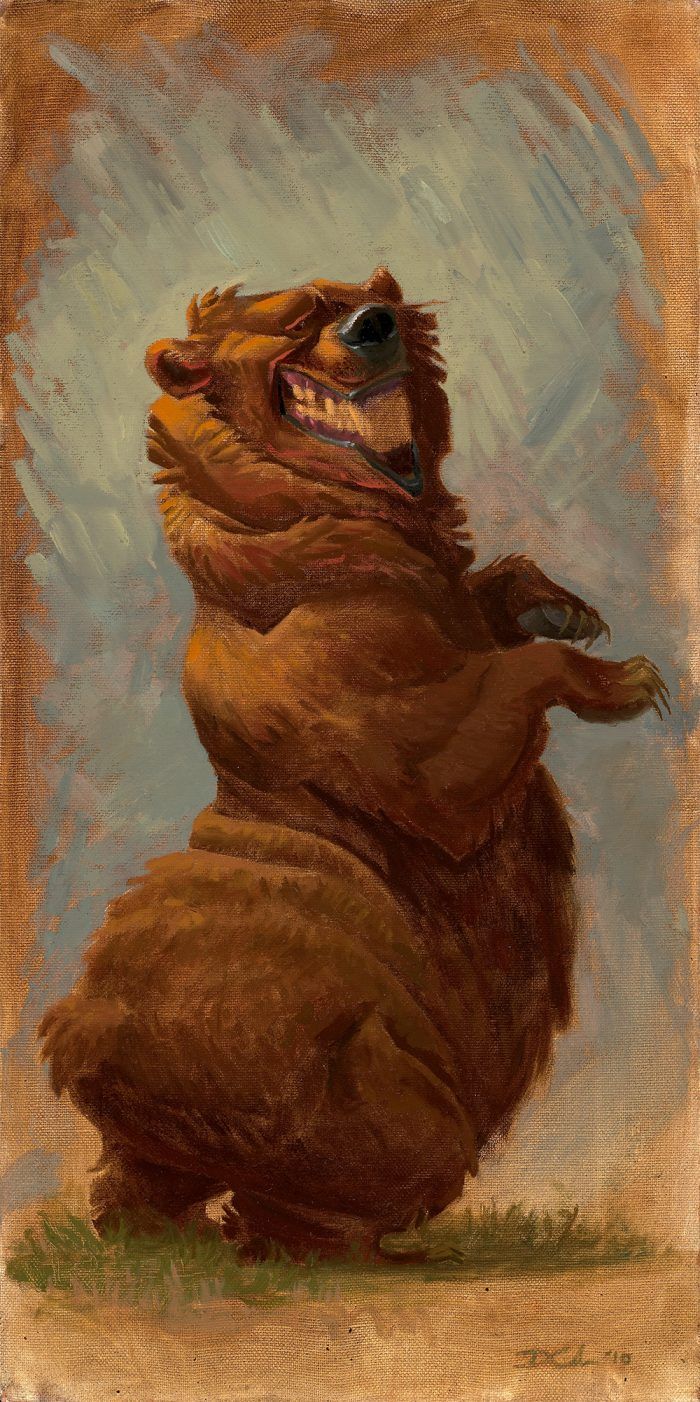 an oil painting depicts a comical brown bear standing upright on its hind legs on a patch of green grass. the bear has a large, toothy smile and its claws are visible. the background is a mix of blue and gray brushstrokes, and the edges of the painting are a rustic brown. the style is reminiscent of a cartoon illustration.