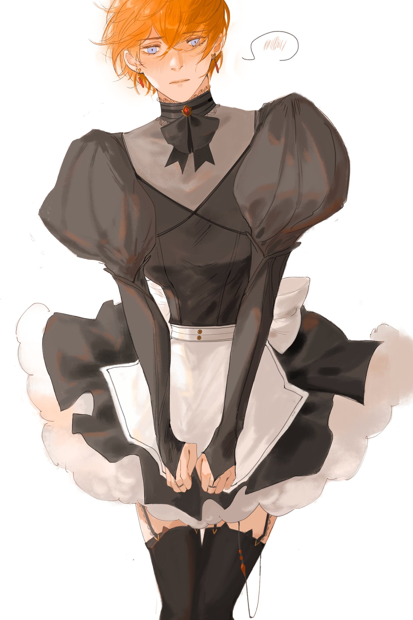 the image is a digital painting of an animestyle girl dressed as a maid. she has orange hair, red eyes, and is wearing a black and white maid dress with a white apron and black stockings. she is blushing and looking down, as if she is shy or embarrassed. the background is white. the art style is soft and colorful, with a focus on detail.