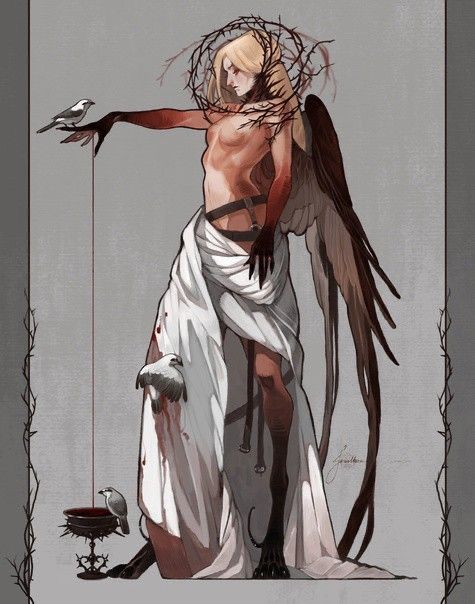 a dark and ethereal angel, adorned with a crown of thorns, stands with wings outstretched. their body is marked with blood, and a thin red line trails down from their outstretched hand to a goblet, where another bird perches. the angel appears to be a creature of both beauty and darkness, emanating a sense of otherworldly power.