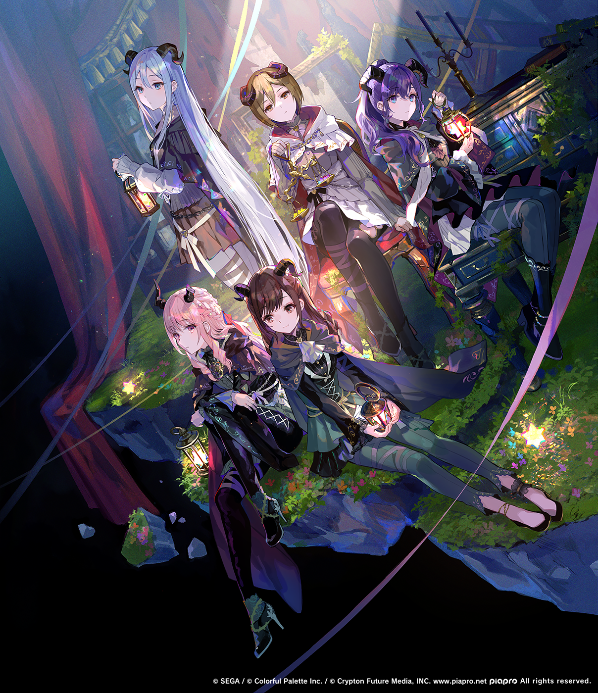 the image is a vibrant piece of animestyle digital artwork depicting five young women with horns, each holding a lantern. they appear to be magical girls or fantasy characters in dark, gothicinspired outfits. their clothing is a mix of dark purples, greens, and pinks, contrasting with the pastel colors of flowers and lights in the scene. the girls are positioned on floating islands or platforms amidst a dark, dreamlike landscape with hints of ruins.  the overall atmosphere is mysterious and enchanting.  the image's style suggests it's likely promotional art for a video game or similar media, indicated by the copyright information at the bottom, mentioning sega, colorful palette inc., and crypton future media.