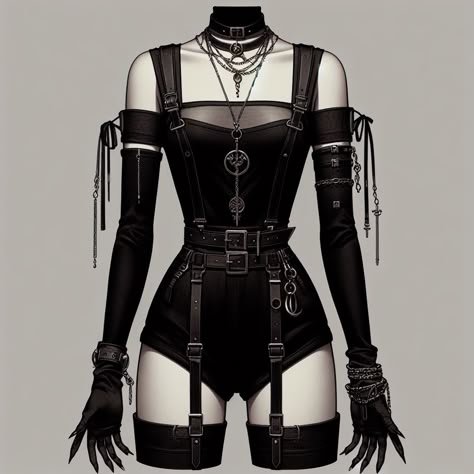 this is a drawing of an anime goth girl in a black outfit. she has long black hair and is wearing a black strapless bodysuit, thighhigh boots, and a pair of gloves with long black fingers. she has a choker with a silver key and several chains hanging from it. she is also wearing multiple belts around her waist and legs, and she has silver chains attached to her wrists.