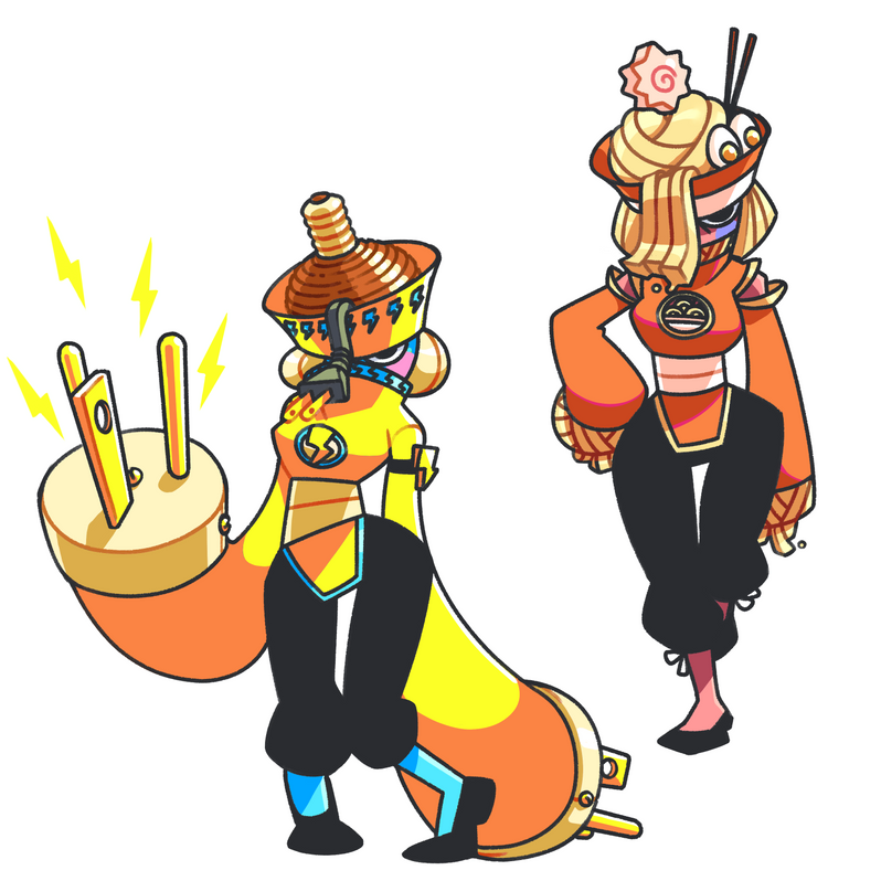 this is a digital drawing of two cartoon girls. one is a humanlike character with a bowl of noodles on her head and the other is a robot with a giant electric plug on her arm. they are both wearing orange and yellow clothing.
