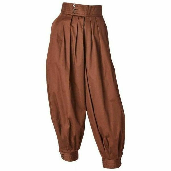 a closeup shot of a pair of brown highwaisted pants. the pants are made of a thick cotton fabric, have pleats at the waist, and balloon out at the legs before being cuffed at the ankles. the pants have a high waist and a button waistband. they appear to be vintage or retro in style, possibly from the 1980s or 1990s. the pants are shown against a white background.
