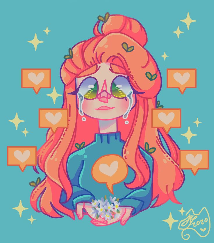 the illustration depicts a cartoon girl with long pink hair. she is crying and looking sad, with tears rolling down her cheeks. she is wearing a blue sweater with a heartshaped comment bubble on it. the girl is surrounded by heartshaped social media icons, symbolizing likes. the image conveys a sense of sadness and loneliness in the digital world.  she is holding small white flowers in her hands, which adds a touch of tenderness and hope to the otherwise sad scene. the background is a bright turquoise blue with yellow stars, creating a playful yet melancholic contrast.