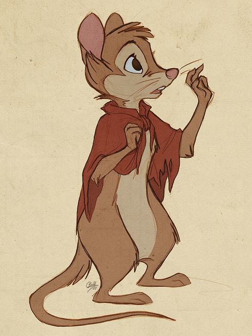 a full body cartoon drawing of basil of baker street from the great mouse detective. basil is standing on two feet, wearing a red cape. he is looking off to the right, with his right hand raised. he has brown fur and pink ears.